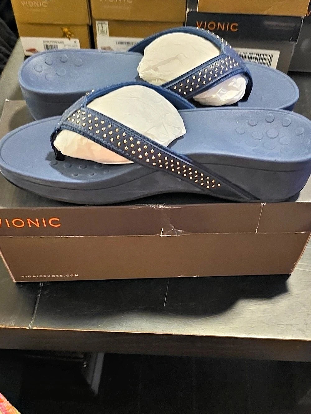 Vionic Pacific Kenehoe Studded Wedge Sandals Navy Blue NIB